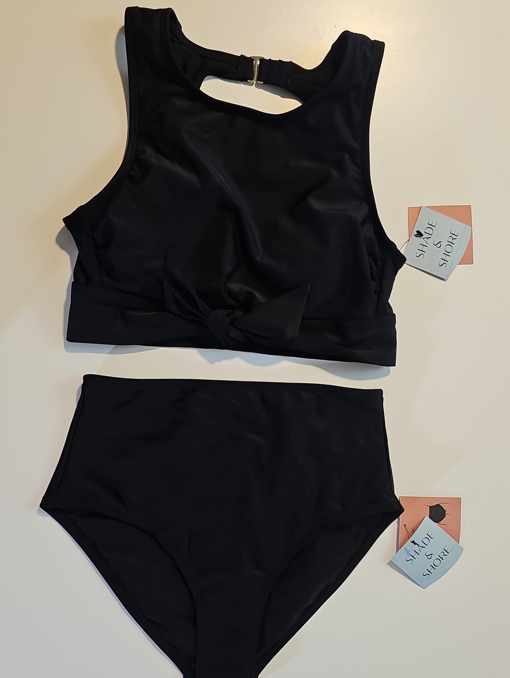 Shade & Shore Women's S Black Bikini: HighNeck Bralette Top & HighWaist Bottoms